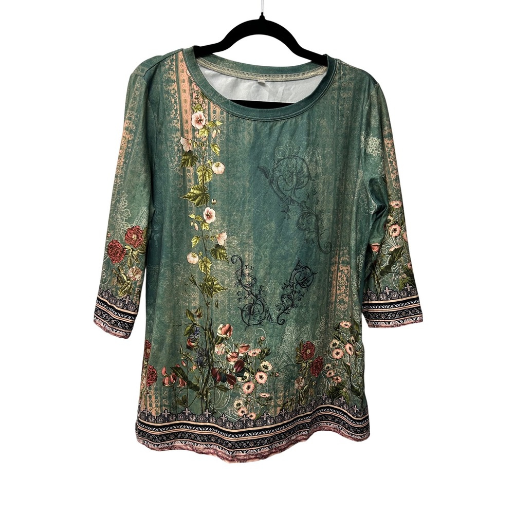 Floral Paisley 3/4 Sleeve Tunic Top Sage Green Boho Cottagecore Artsy Large